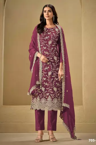 Magenta chinon silk semi stitched wedding suits