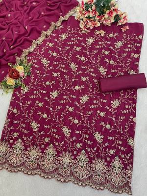 Magenta chinon silk semi stitched wedding suits 2