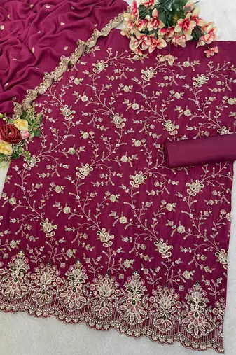 Magenta chinon silk semi stitched wedding suits