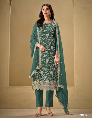 Sea green chinon silk semi stitched wedding suits 1