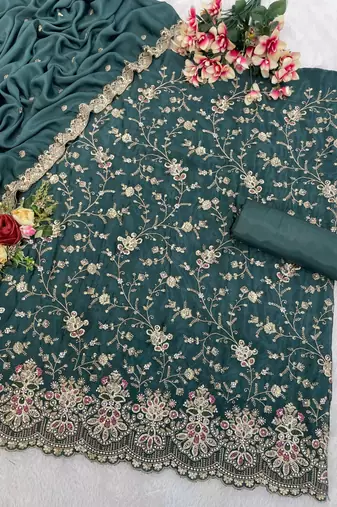 Sea green chinon silk semi stitched wedding suits