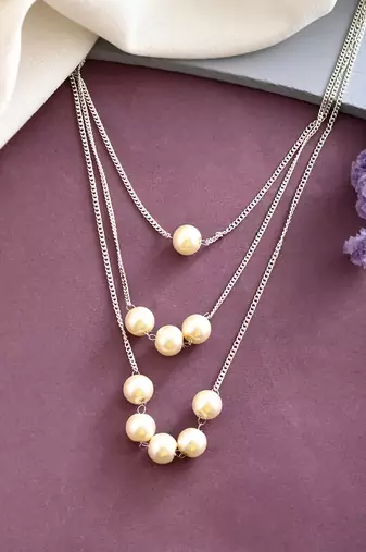 3 layer pearl beads silver-plated necklace