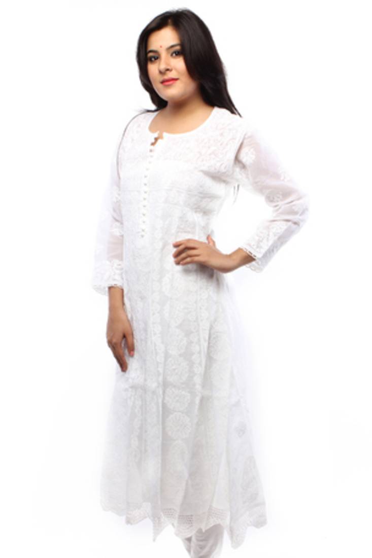 Ada Hand Embroidered White Large Cotton Lucknowi Chikankari Anarkali Kurti Ada 698157