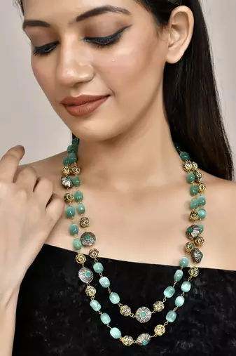 Green layered brass necklace