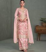 Light pink chinon heavy embroidery free size upto 42 stitched wedding palazzo suits