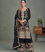 Black chinon heavy embroidery free size upto 42 stitched wedding palazzo suits