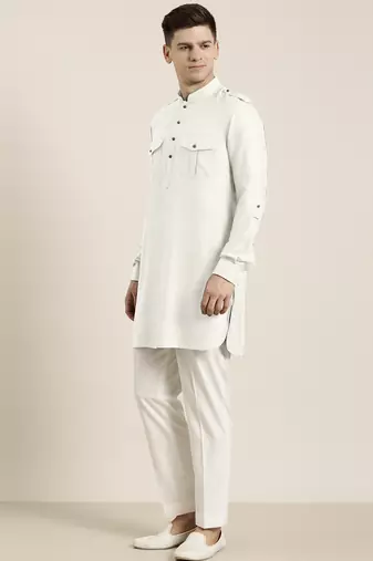 Off white cotton short pathani