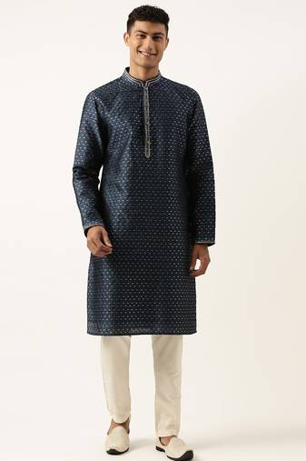 Navy-gold jacquard kurta set