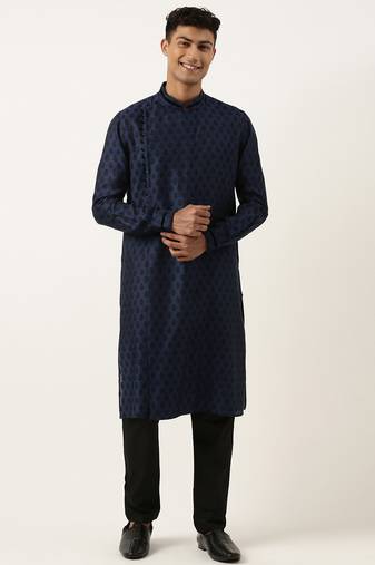 Navy jacquard black booti chanderi silk kurta set