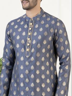 Navy jacquard golden booti chanderi silk kurta set 5