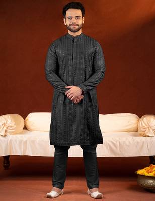 Black sequin embroidered kurta set 1
