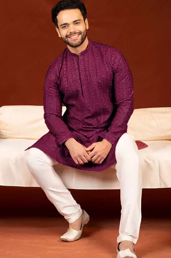 Wine sequin embroidered kurta set