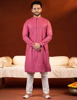 Pink sequin embroidered kurta set 1