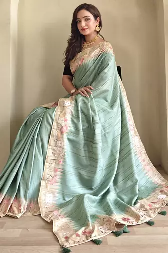 sea green tussar saree with pichwai style embroidery