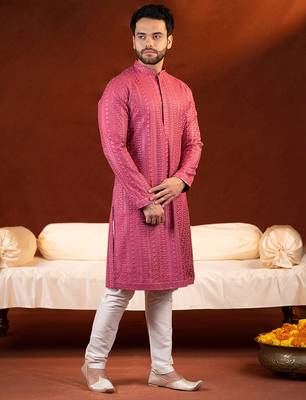 Pink sequin embroidered kurta set 3