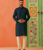 Charcoal blue embroidered front open embroidered kurta set