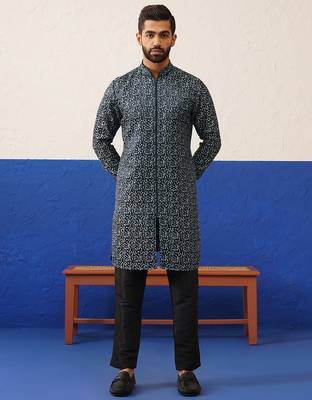 Black shimmer front open kurta set 1