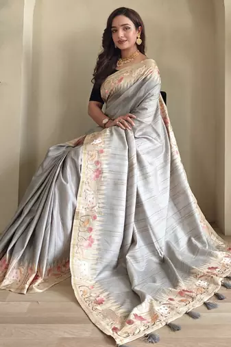 Grey tussar saree with pichwai style embroidery
