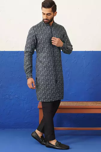Black shimmer front open kurta set