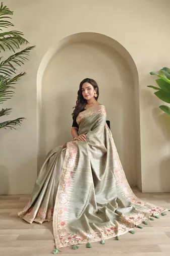 pear tussar saree with pichwai style embroidery