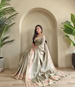 pear tussar saree with pichwai style embroidery