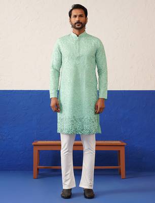 Powder green embroidered kurta set 1