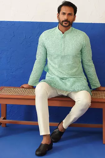 Powder green embroidered kurta set