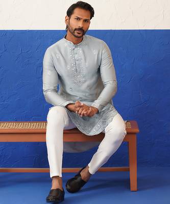 Grey sequin embroidered ceremonial kurta set 1