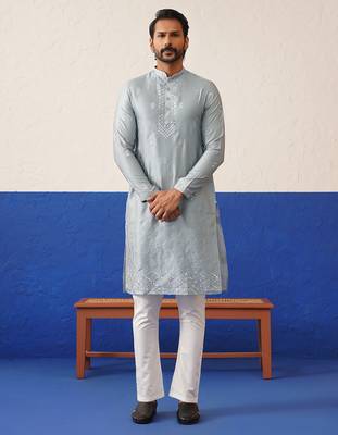 Grey sequin embroidered ceremonial kurta set 4