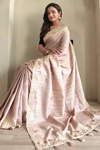 peach tussar saree with pichwai style embroidery