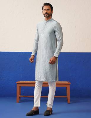 Grey sequin embroidered ceremonial kurta set 5