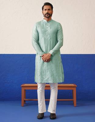 Aqua blue sequin embroidered ceremonial kurta set 4
