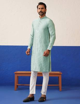 Aqua blue sequin embroidered ceremonial kurta set 5