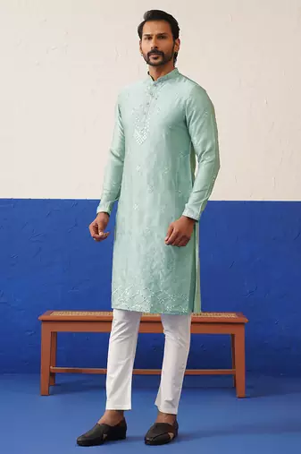 Aqua blue sequin embroidered ceremonial kurta set