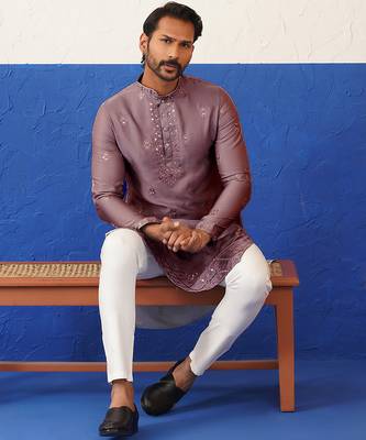 Brown sequin embroidered ceremonial kurta set 1
