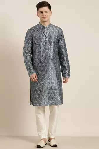 Blue indigo damask dabu print kurta set