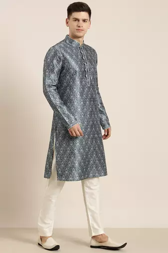 Blue indigo damask dabu print kurta set