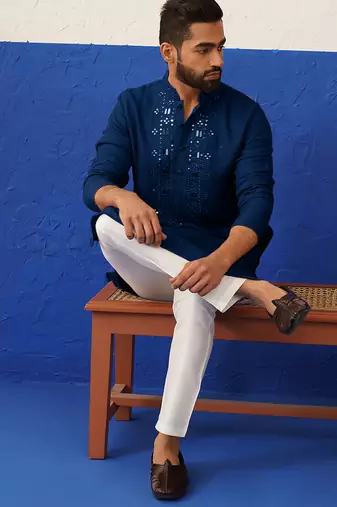 Navy blue mirror embroidery kurta set