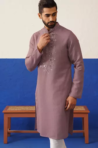 Peach mirror embroidery kurta set