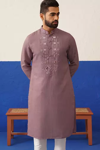 Peach mirror embroidery kurta set