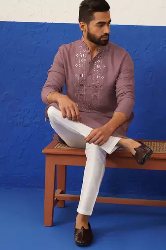 Peach mirror embroidery kurta set