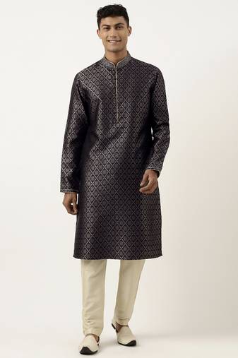 Midnight blue with golden floral jaal open kurta set