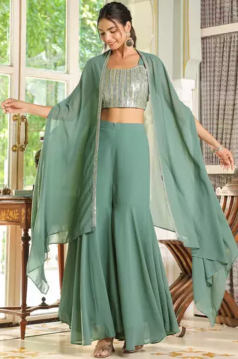 women's sage green georgette sequined crop top with sharara & cape set