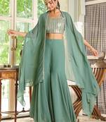 women's sage green georgette sequined crop top with sharara & cape set