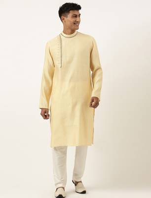 Jacquard angrakha style yellow kurta with side placket 1