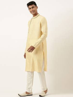 Jacquard angrakha style yellow kurta with side placket 3