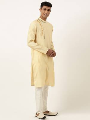 Jacquard angrakha style yellow kurta with side placket 4