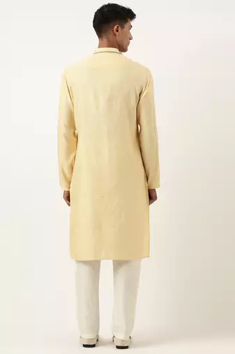 Jacquard angrakha style yellow kurta with side placket