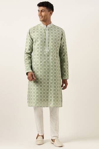 Green jacquard silk kurta set