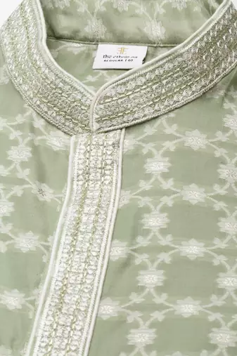 Green jacquard silk kurta set
